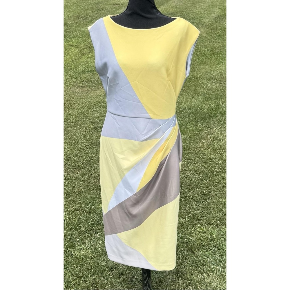 Donna Karan New York NWT Size 8 Yellow Abstract Print Sheath Midi Dress - Picture 4 of 14